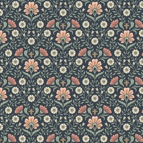 Welcoming vintage garden - arts and crafts style floral in warm peach, salmon and green on dusty navy - small