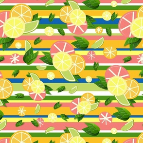 Pop of Citrus Fruit  on Colorful Stripes Tossed Oranges, Limes, Lemons, Grapefruit