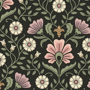 Welcoming vintage garden - arts and crafts style floral in warm pink, dusty purple and green on charcoal - extra large