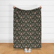 Welcoming vintage garden - arts and crafts style floral in warm pink, dusty purple and green on charcoal - large