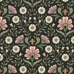 Welcoming vintage garden - arts and crafts style floral in warm pink, dusty purple and green on charcoal - large