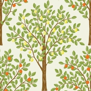 Lemon and oranges citrus grove pattern fabric and wallpaper in orange, yellow, green, brown on a natural white background