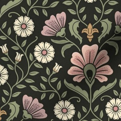 Welcoming vintage garden - arts and crafts style floral in warm pink, dusty purple and green on charcoal - medium