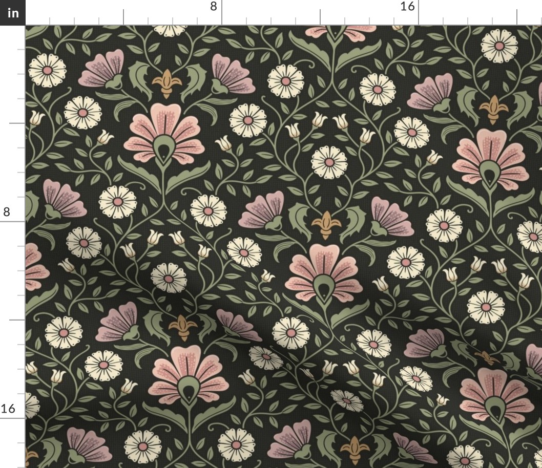 Welcoming vintage garden - arts and crafts style floral in warm pink, dusty purple and green on charcoal - medium