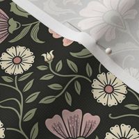 Welcoming vintage garden - arts and crafts style floral in warm pink, dusty purple and green on charcoal - small