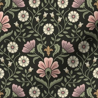 Welcoming vintage garden - arts and crafts style floral in warm pink, dusty purple and green on charcoal - small