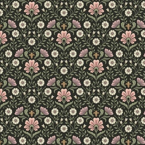 Welcoming vintage garden - arts and crafts style floral in warm pink, dusty purple and green on charcoal - small