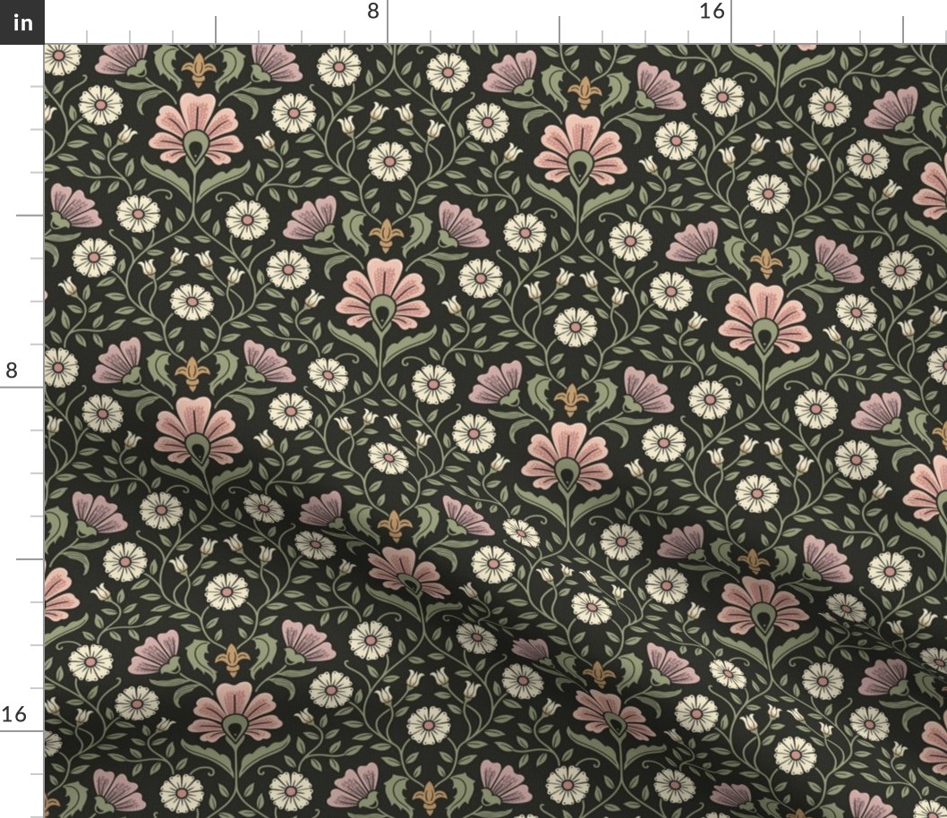 Welcoming vintage garden - arts and crafts style floral in warm pink, dusty purple and green on charcoal - small