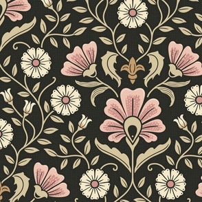 Welcoming vintage garden - arts and crafts style floral in elegant warm blush pink, cream and sand on charcoal - extra large