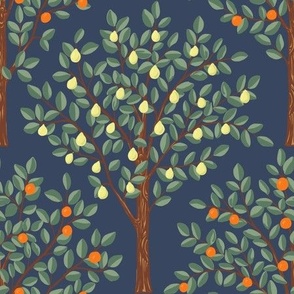 Lemon and oranges citrus grove pattern fabric and wallpaper in orange, yellow, green, brown ondeep hue Chambray blue background