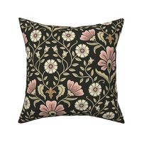 Welcoming vintage garden - arts and crafts style floral in elegant warm blush pink, cream and sand on charcoal - large