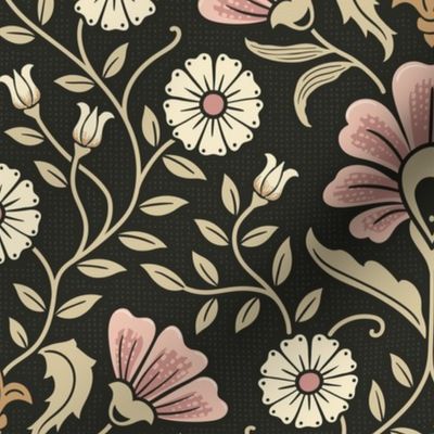 Welcoming vintage garden - arts and crafts style floral in elegant warm blush pink, cream and sand on charcoal - large