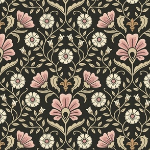 Welcoming vintage garden - arts and crafts style floral in elegant warm blush pink, cream and sand on charcoal - large