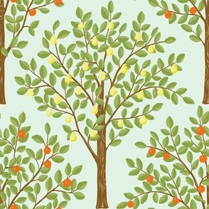 Lemon and oranges citrus grovepattern fabric and wallpaper in orange, yellow, green, brown sea breeze background