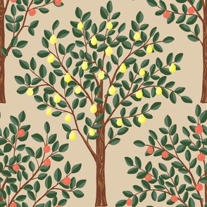 Lemon and oranges citrus grove pattern fabric and wallpaper in orange, yellow, green, brown on soft sand