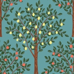 Lemon and oranges citrus grove pattern fabric and wallpaper in orange, yellow, green, brown  on teal