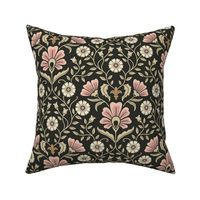 Welcoming vintage garden - arts and crafts style floral in elegant warm blush pink, cream and sand on charcoal - medium