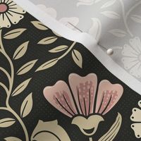 Welcoming vintage garden - arts and crafts style floral in elegant warm blush pink, cream and sand on charcoal - medium