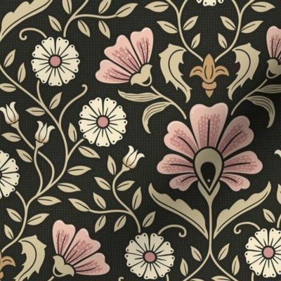 Welcoming vintage garden - arts and crafts style floral in elegant warm blush pink, cream and sand on charcoal - medium