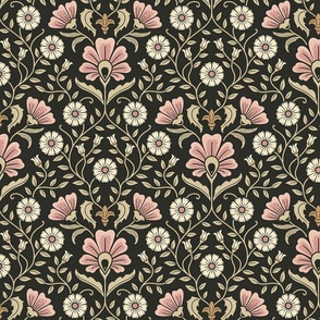 Welcoming vintage garden - arts and crafts style floral in elegant warm blush pink, cream and sand on charcoal - medium