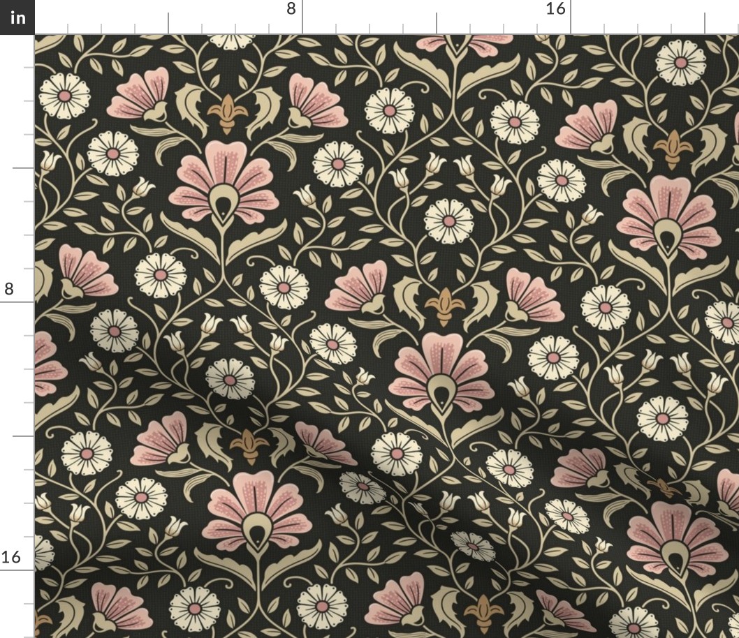 Welcoming vintage garden - arts and crafts style floral in elegant warm blush pink, cream and sand on charcoal - medium