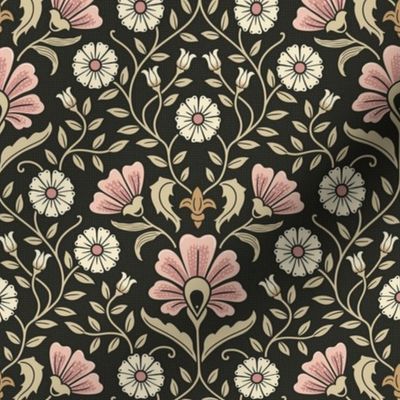 Welcoming vintage garden - arts and crafts style floral in elegant warm blush pink, cream and sand on charcoal - small