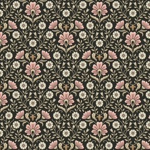 Welcoming vintage garden - arts and crafts style floral in elegant warm blush pink, cream and sand on charcoal - small