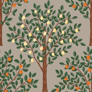 Lemon and oranges citrus grove pattern fabric and wallpaper in orange, yellow, green, brown on warm grey