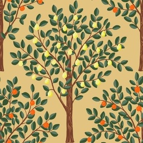 Lemon and oranges citrus grove pattern fabric and wallpaper in orange, yellow, green, brown on wheat gold