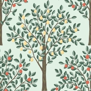 Lemon and oranges citrus grove pattern fabric and wallpaper in orange, yellow, green, brown on sea breeze light green