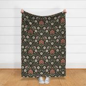 Welcoming vintage garden - arts and crafts style floral in elegant rust, purple, cream and sage green on charcoal - extra large
