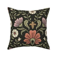 Welcoming vintage garden - arts and crafts style floral in elegant rust, purple, cream and sage green on charcoal - extra large