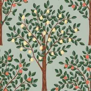 Lemon and oranges citrus grove pattern fabric and wallpaper in orange, yellow, green, brown on duck egg green