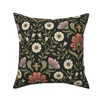 Welcoming vintage garden - arts and crafts style floral in elegant rust, purple, cream and sage green on charcoal - large