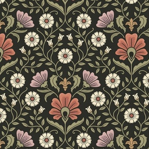 Welcoming vintage garden - arts and crafts style floral in elegant rust, purple, cream and sage green on charcoal - large