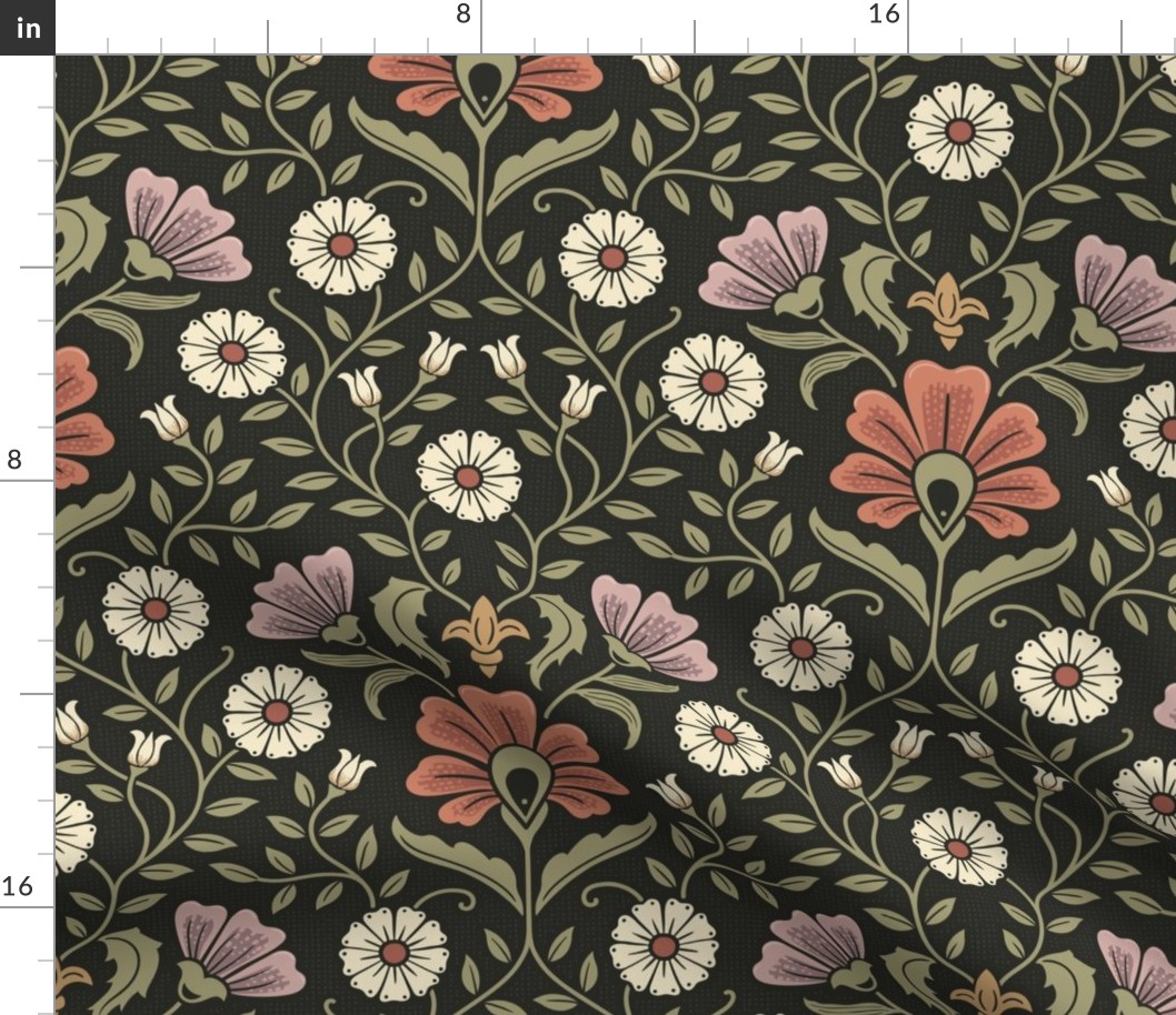 Welcoming vintage garden - arts and crafts style floral in elegant rust, purple, cream and sage green on charcoal - large