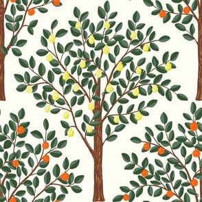 Lemon and oranges citrus grove pattern fabric and wallpaper in orange, yellow, green, brown on a natural white