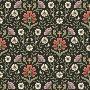 Welcoming vintage garden - arts and crafts style floral in elegant rust, purple, cream and sage green on charcoal - medium