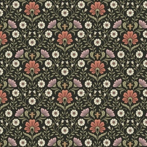 Welcoming vintage garden - arts and crafts style floral in elegant rust, purple, cream and sage green on charcoal - small