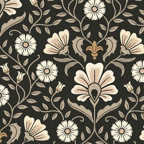 Welcoming vintage garden - arts and crafts style floral in warm neutrals, cream, beige, honey peach on charcoal - extra large