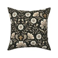 Welcoming vintage garden - arts and crafts style floral in warm neutrals, cream, beige, honey peach on charcoal - large