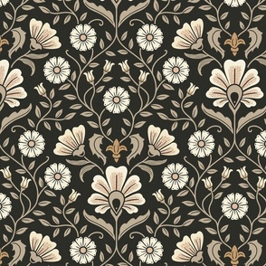 Welcoming vintage garden - arts and crafts style floral in warm neutrals, cream, beige, honey peach on charcoal - large