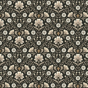Welcoming vintage garden - arts and crafts style floral in warm neutrals, cream, beige, honey peach on charcoal - small