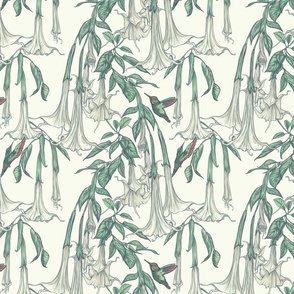 Hummingbirds and Trumpet Flowers, Large Angel Trumpets, Botanical Floral, Poisonous Flower, Vintage Wallpaper, Magnolia Off-White Neutral Background, Yellow Flowers, Brugmansia Fabric 