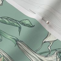 Hummingbirds and Trumpet Flowers, Medium Angel Trumpets, Botanical Floral, Poisonous Flower, Romantic Vintage Wallpaper, Mint Green Background, White Flowers, Brugmansia Fabric 