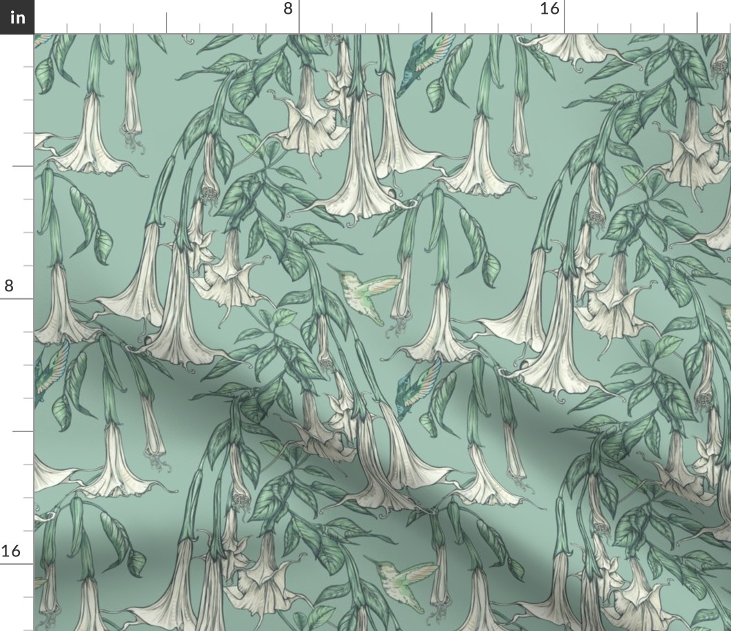 Hummingbirds and Trumpet Flowers, Medium Angel Trumpets, Botanical Floral, Poisonous Flower, Romantic Vintage Wallpaper, Mint Green Background, White Flowers, Brugmansia Fabric 