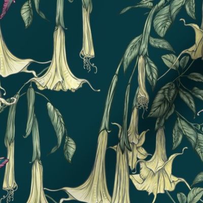 Hummingbirds and Trumpet Flowers, Medium Angel Trumpets, Botanical Floral, Poisonous Flower, Dark Vintage Wallpaper, Dark Green Background, Yellow Flowers, Brugmansia