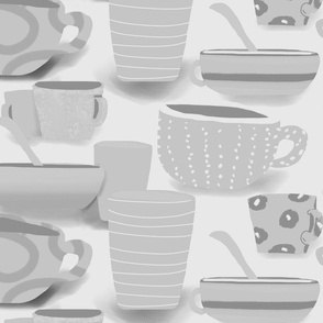 Cosy Tea Cup Party in Soothing Light Gray Neutrals BIG