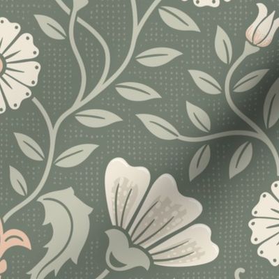 Welcoming vintage garden - arts and crafts style floral in monochrome greens and cream on rosemary green - extra large