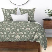 Welcoming vintage garden - arts and crafts style floral in monochrome greens and cream on rosemary green - extra large